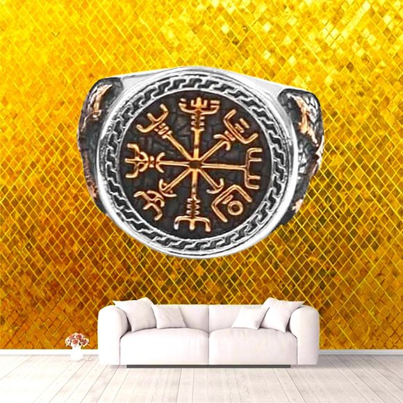Gold Trimmed Viking Compass Vegvisir Ring With Axe - Picture 1 of 10